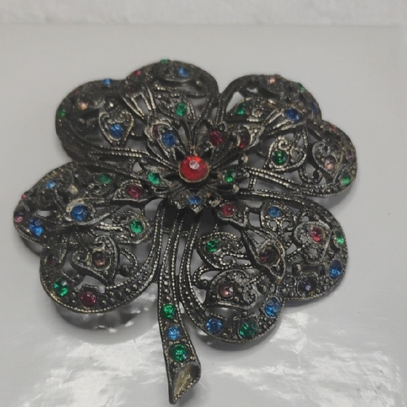 Rhinestone Four Leaf Clover Brooch Pin.  Garden Party Brand - Picture 2 of 5